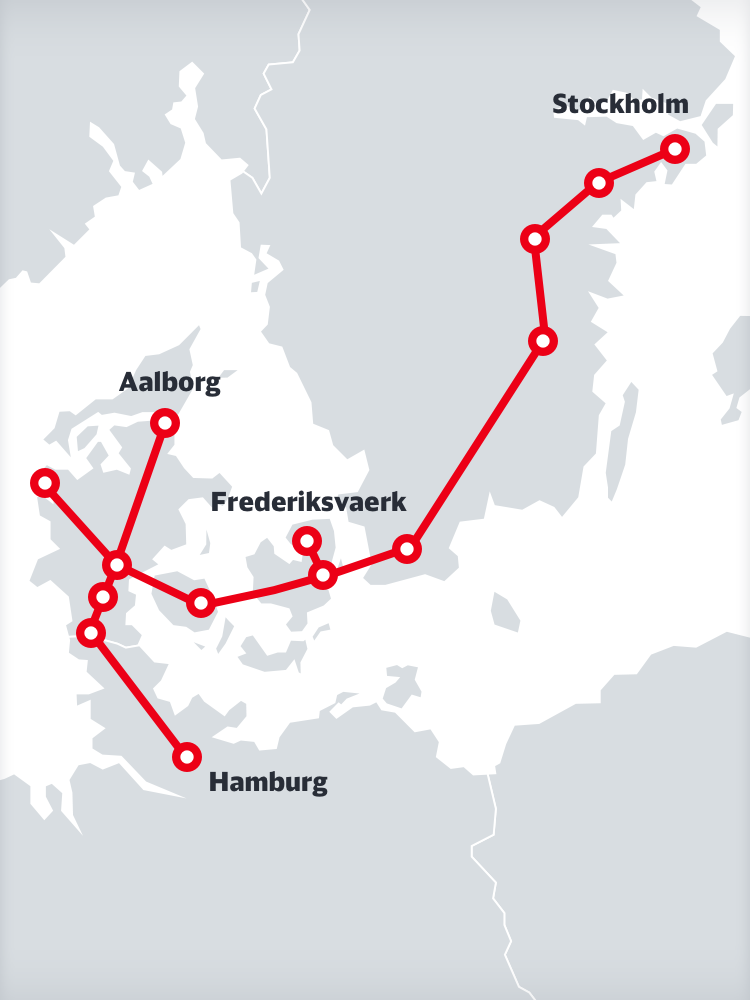 Carte géographique avec les points de réseau des relations Nord de DB Cargo