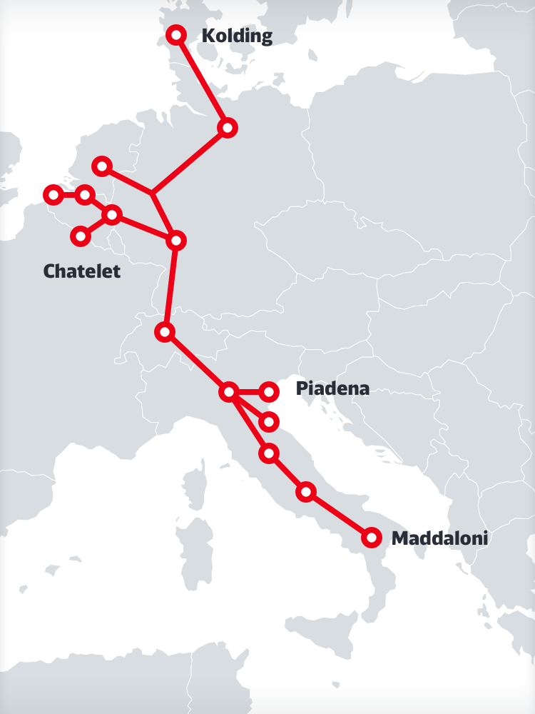Carte géographique avec les points de réseau des relations Sud de DB Cargo