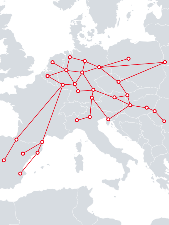 Carte géographique avec les points de réseau des relations Automobile de DB Cargo en Europe