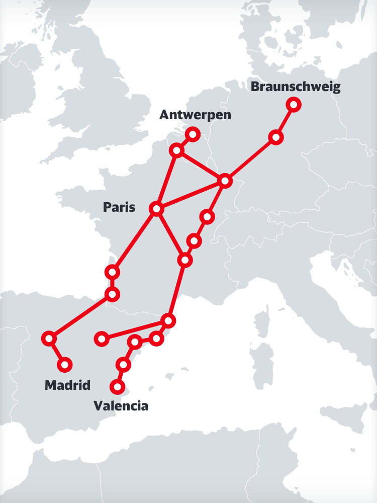 Mapa z punktami sieci tras DB Cargo w relacjach południowo-zachodnich