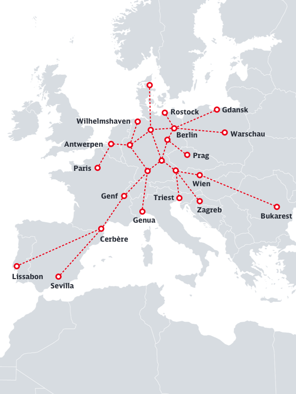 Landkarte mit den Netzwerkpunkten der DB Cargo für die Wasserstoff-Relationen in Europa