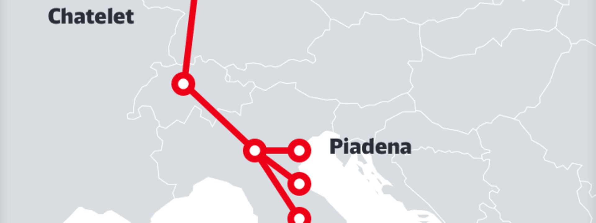 Map with the network points of DB Cargo's south routes