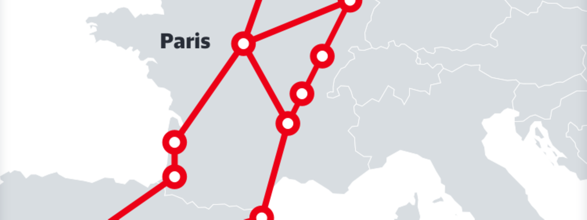 Map with the network points of DB Cargo's south-west routes