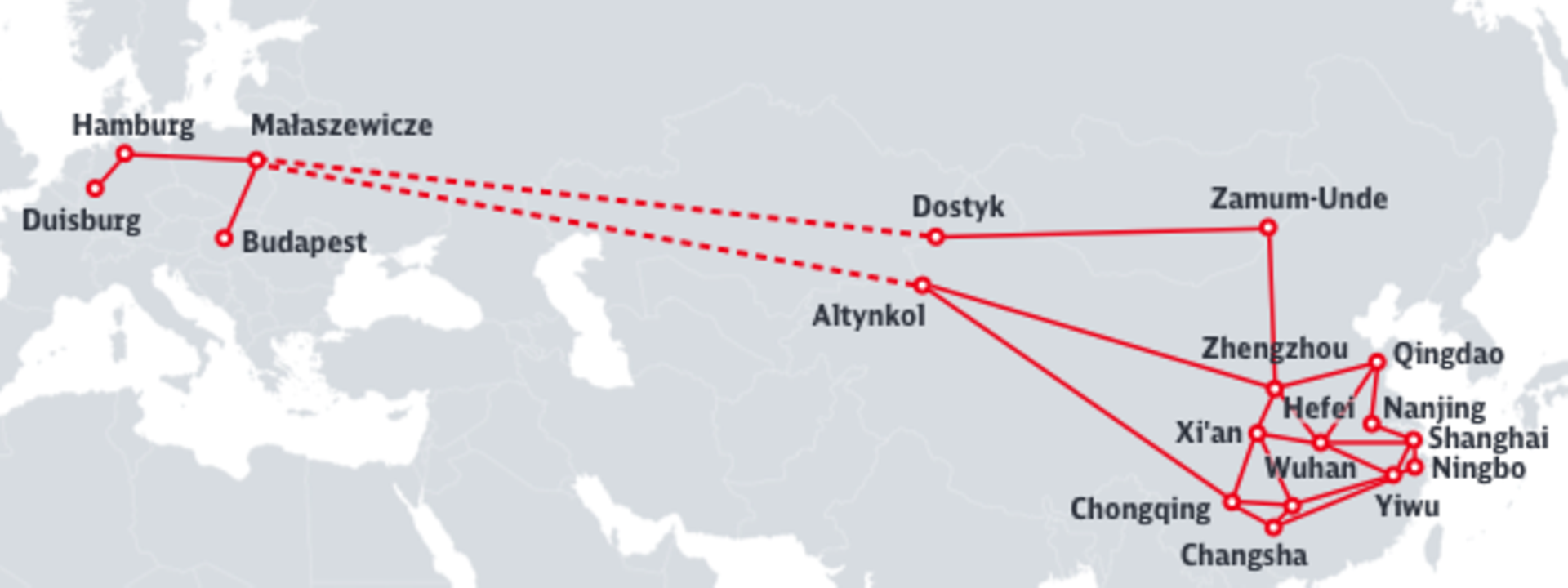 Carte géographique avec les points de réseau des relations Asie de DB Cargo