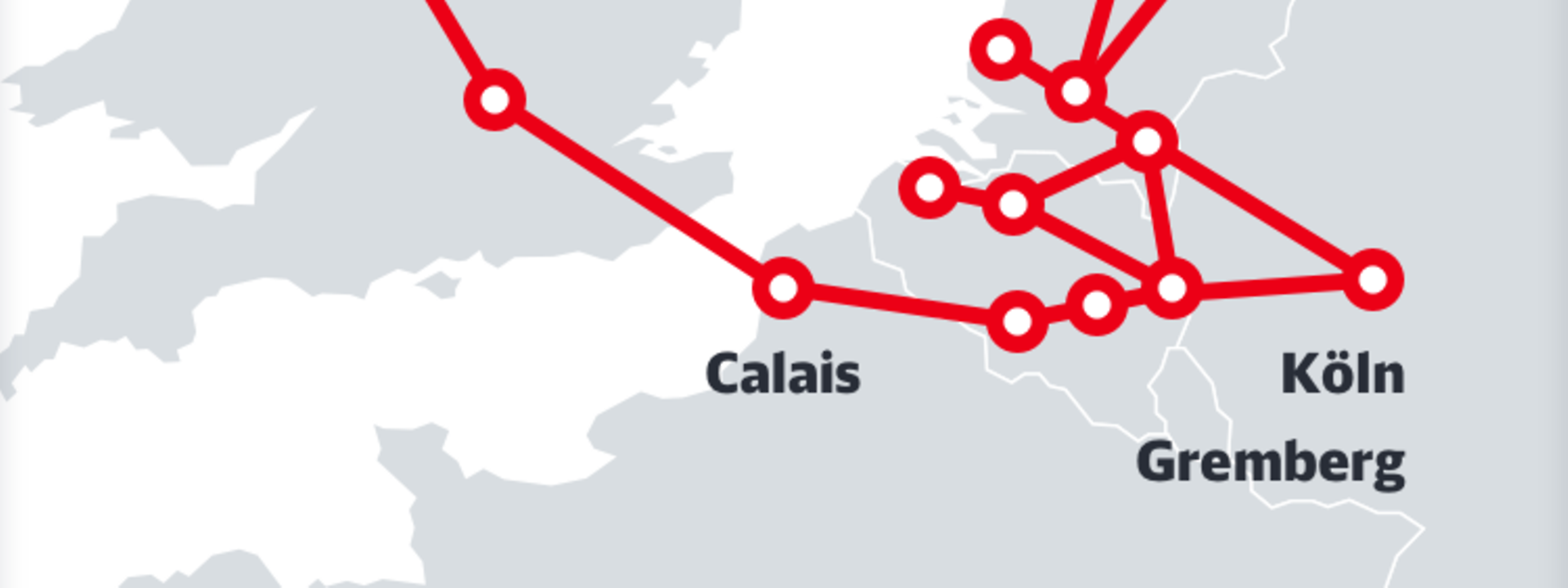 Mapa z punktami sieci tras DB Cargo w relacjach północno-zachodnich